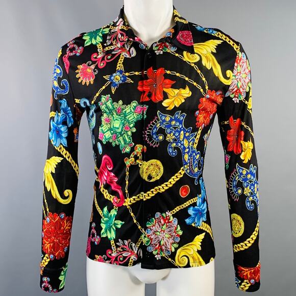 Size S Black Multi Color Floral Silk Pointed Collar Long Sleeve Shirt - Picture 1 of 6